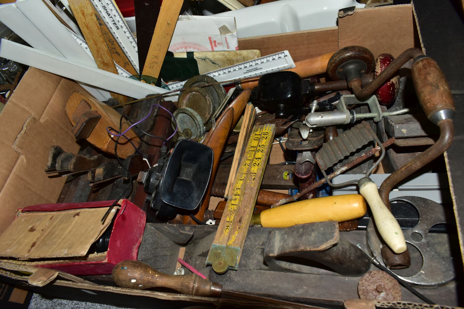 THREE BOXES OF TOOLS, SCIENTIFIC INSTRUMENTS, etc, including an incomplete set of cased weights, HMV - Image 6 of 6