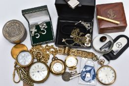 A BOX OF ASSORTED ITEMS, to include a gold plated open faced pocket watch, white dial, Roman