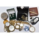 A BOX OF ASSORTED ITEMS, to include a gold plated open faced pocket watch, white dial, Roman