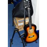 A MARTIN SMITH ACOUSTIC GUITAR, two guitar stands and a vintage microphone stand (4)