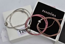 FOUR PANDORA CHARM BRACELETS, to include a snake bracelet fitted with a triangular charm with the