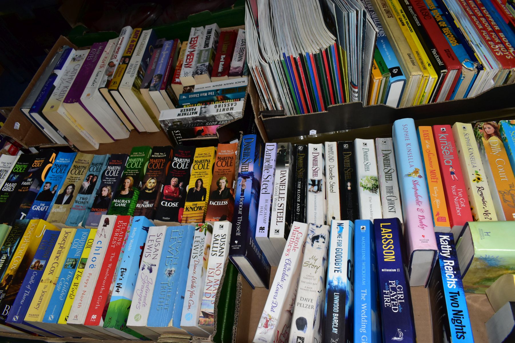 TWO BOXES OF BOOKS AND MAGAZINES, books include Martina Cole, Danielle Steel, Dan Brown, Joanna