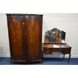 A MAHOGANY TWO PIECE BEDROOM SUITE, comprising a bowfront double door wardrobe, width 126cm x