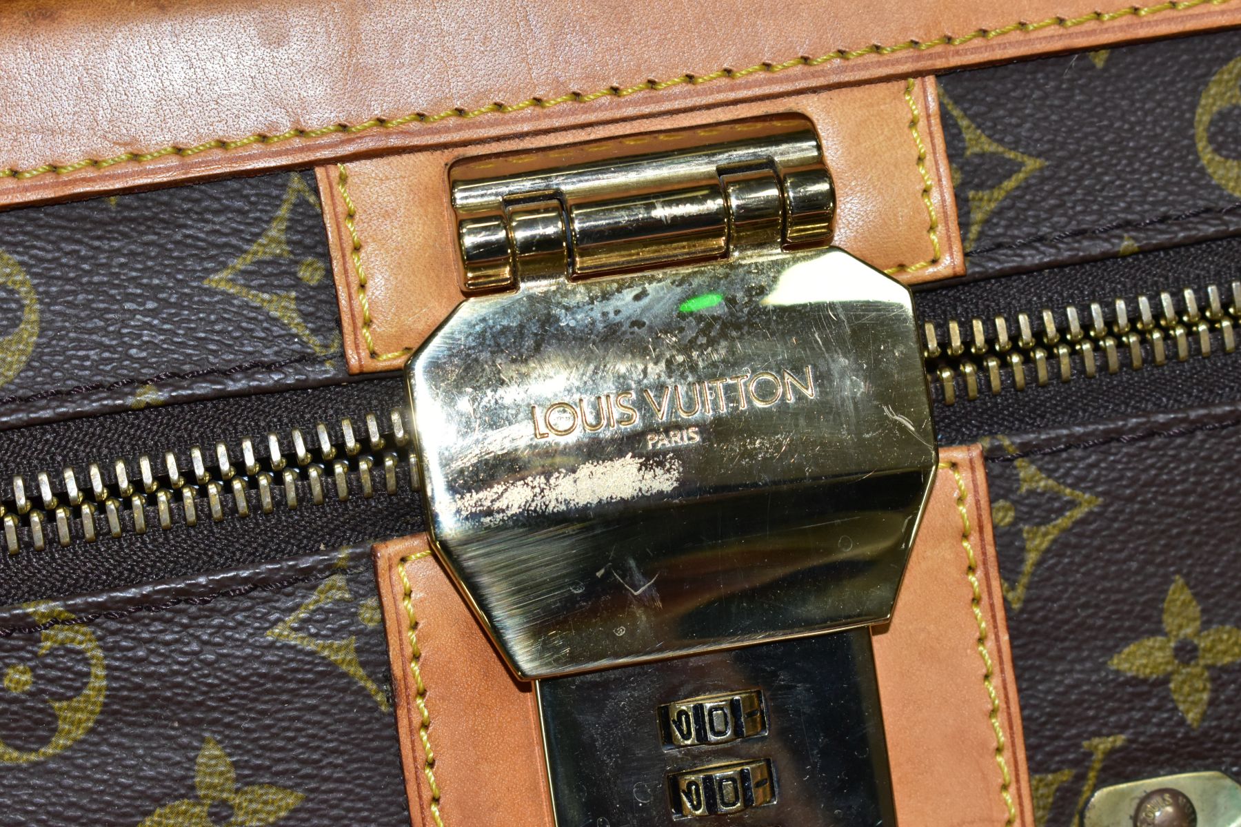 A LOUIS VUITTON MONOGRAM SUITCASE, tan leather trim, with a combination lock (locked, combination - Image 4 of 17