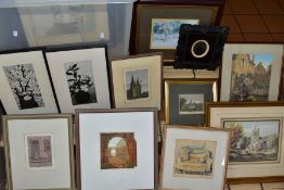 ASSORTED PRINTS AND WATERCOLOUR PAINTING to include two monochrome Japanese woodblock prints,