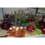 ASSORTED COLOURED AND CLEAR GLASS ETC, to include Victorian and later decanters, cranberry glass