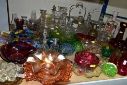 ASSORTED COLOURED AND CLEAR GLASS ETC, to include Victorian and later decanters, cranberry glass