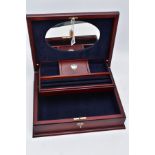 A MODERN WOODEN JEWELLERY BOX, set with a white metal foliate and scroll decorative motif to the