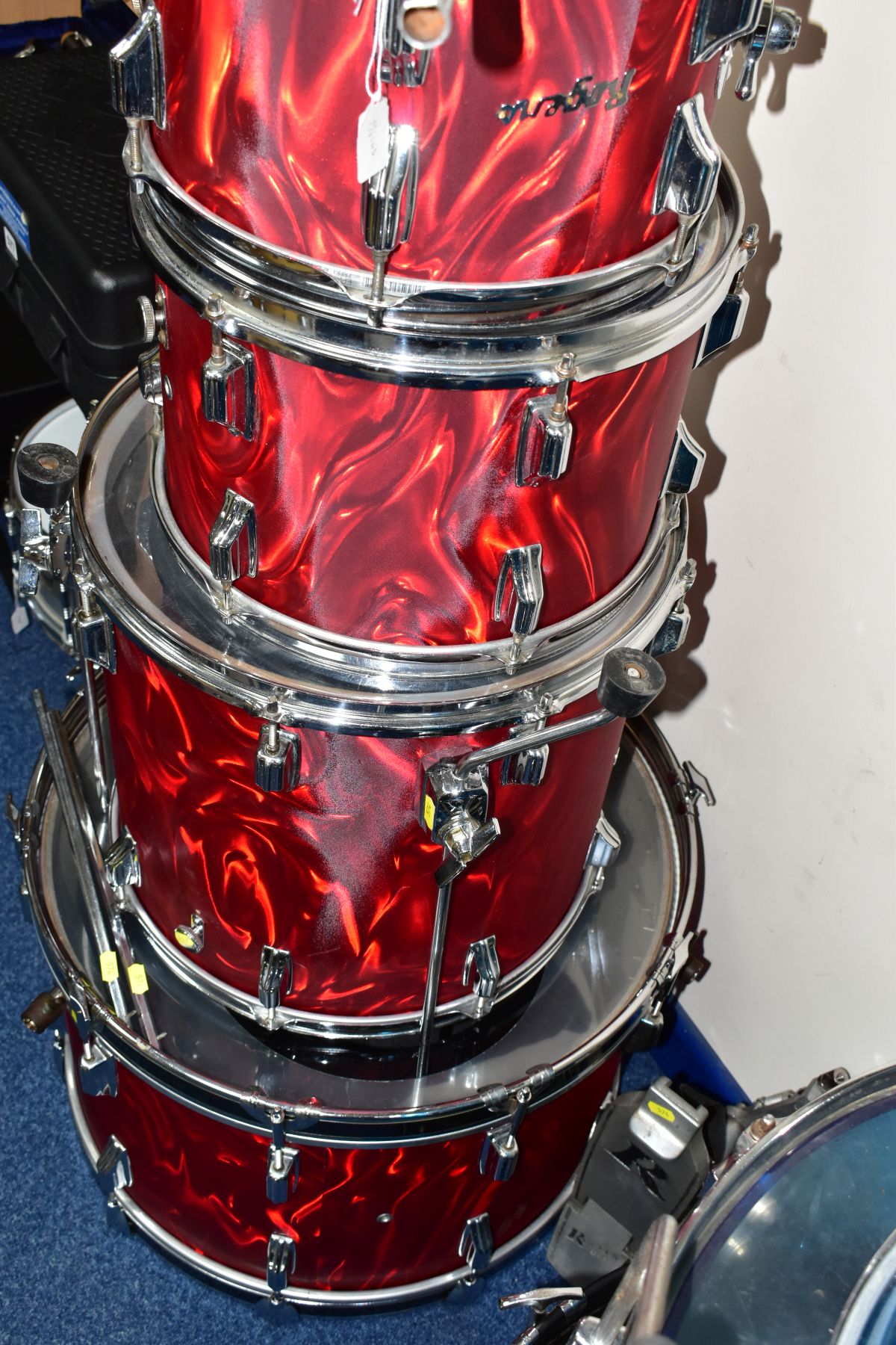 A 1962 ROGERS FOUR SHELL DRUM KIT, refinished in Gretsch Satin Flame covering comprising a 22inch - Image 6 of 6