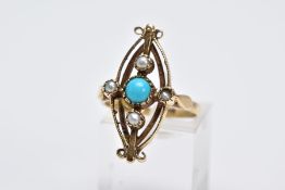 AN EDWARDIAN SPLIT PEARL AND TURQUOISE RING, the yellow metal ring of an openwork marquise form