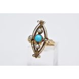 AN EDWARDIAN SPLIT PEARL AND TURQUOISE RING, the yellow metal ring of an openwork marquise form
