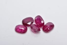 FIVE LOOSE OVAL MIXED CUT RUBIES, measuring approximately 8.0mm x 5.0mm, combined approximate