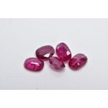 FIVE LOOSE OVAL MIXED CUT RUBIES, measuring approximately 8.0mm x 5.0mm, combined approximate