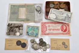 A SMALL CARDBOARD BOX CONTAINING UK AND WORLD COINAGE to include a 1937 George VI crown included