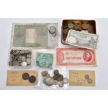 A SMALL CARDBOARD BOX CONTAINING UK AND WORLD COINAGE to include a 1937 George VI crown included