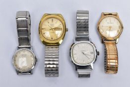 FOUR WRISTWATCHES, to include a cushion shaped hand wound Sekonda, with a textured dial, baton