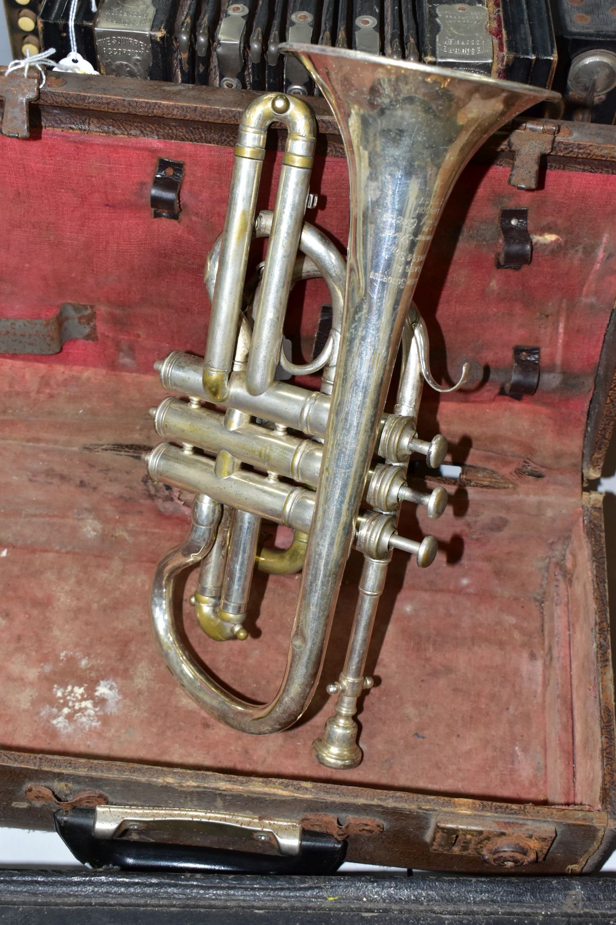 A HAWKES AND SONS EXCELSIOR SONOROUS CORNET in case, a vintage and unbranded ukele banjo and a The - Image 6 of 12