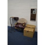 A MODERN DRINKS STAND, with wine cooler and wine racks, together with a wicker back open armchair