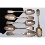 SIX VICTORIAN OLD ENGLISH FIDDLE PATTERN SERVING SPOONS, all hallmarked London, three dated 1860,