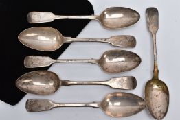 SIX VICTORIAN OLD ENGLISH FIDDLE PATTERN SERVING SPOONS, all hallmarked London, three dated 1860,