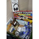 A BOX AND LOOSE SUNDRY ITEMS to include a boxed Scalextric Super Tourers set with two cars,