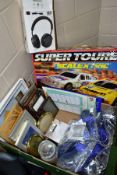 A BOX AND LOOSE SUNDRY ITEMS to include a boxed Scalextric Super Tourers set with two cars,