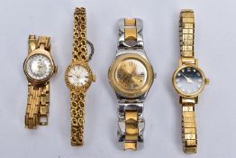 FOUR LADIES WRISTWATCHES, to include a two tone quartz Swatch wristwatch and three gold plated