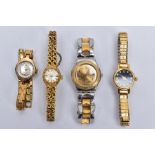 FOUR LADIES WRISTWATCHES, to include a two tone quartz Swatch wristwatch and three gold plated