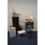 A QUANTITY OF OCCASIONAL FURNITURE, to include a mahogany single door cabinet, corner tv stand, nest
