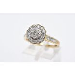 A 9CT GOLD DIAMOND CLUSTER RING, of a raised flower design, set with round brilliant cut diamonds,