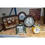 SEVEN CLOCKS, to include an 8 day Art Deco chrome and bakelite example, Smiths bakelite cased clock,