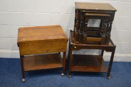 AN OAK NEST OF THREE TABLES, along with an oak drop leaf tea trolley and a mahogany tea trolley (3)