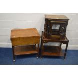 AN OAK NEST OF THREE TABLES, along with an oak drop leaf tea trolley and a mahogany tea trolley (3)