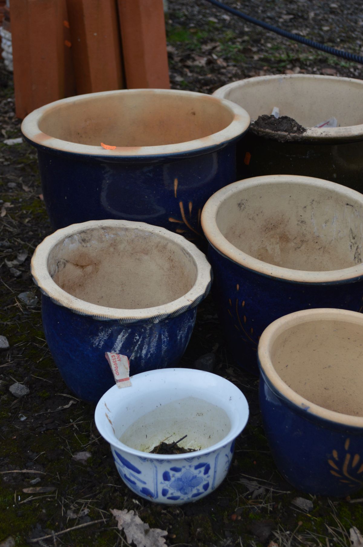 A COLLECTION OF GLAZED CERAMIC GARDEN POTS, four blue, the biggest diameter 38cm x height 35cm, five - Image 2 of 3