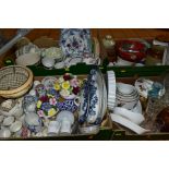 FIVE BOXES OF CERAMICS AND GLASS, to include Royal Albert/Paragon 'Country Lane' teawares (four