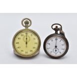 A MILITARY STOPWATCH AND AN OPEN FACED POCKET WATCH, the white metal stopwatch with a white dial,