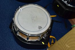 A TAMA 14 INCH X 5 INCH MAPLE SNARE DRUM, serial No. 014382, with a hardcase