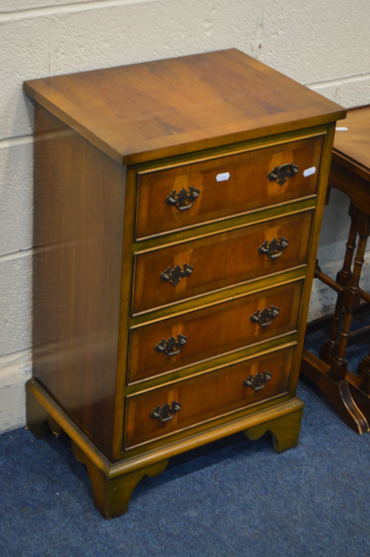 A SMALL YEWWOOD CHEST OF FOUR DRAWERS, on bracket feet, width 45cm 33cm x height 732cm (missing - Image 3 of 3