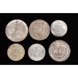 A GROUP OF SILVER COINAGE to include two Morgan Dollar coins, both San Fransico, 1881 and 1921, a