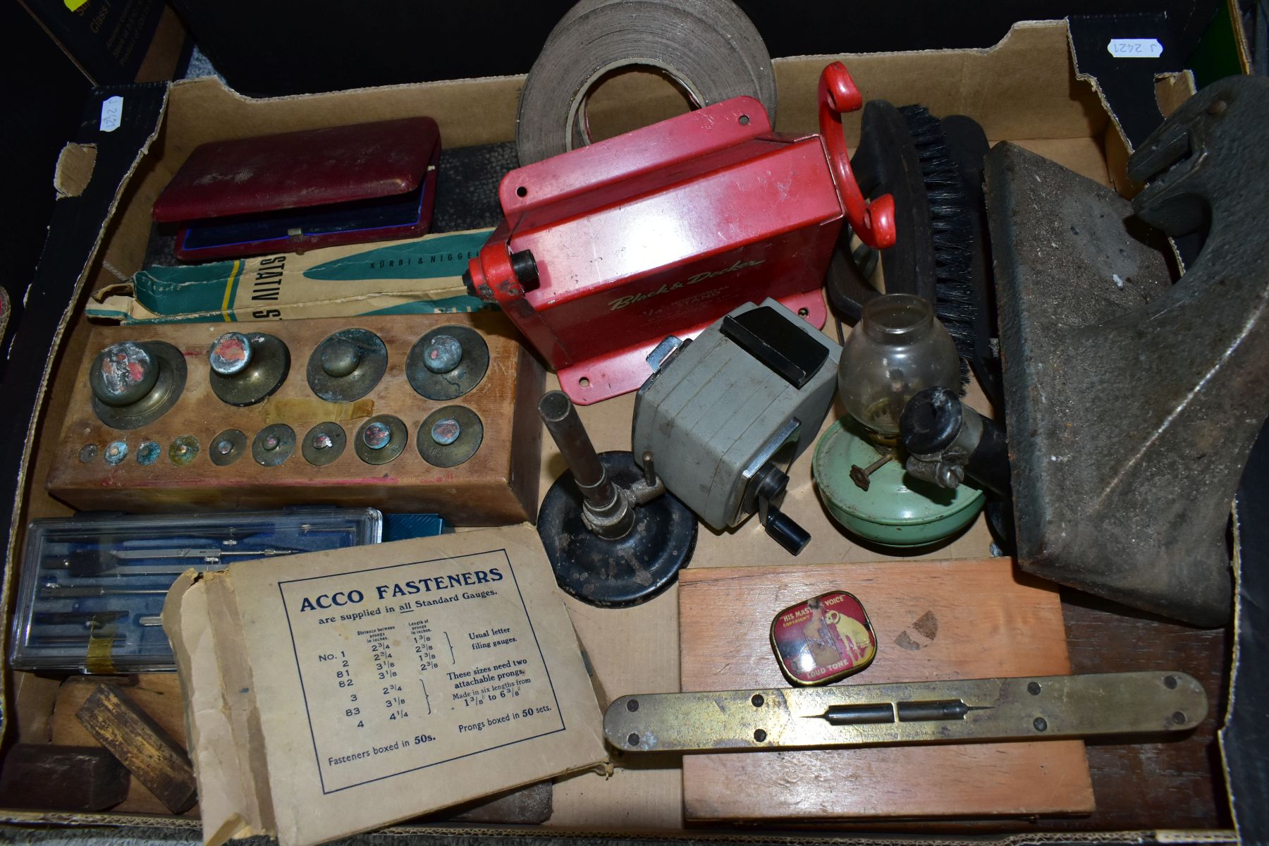 THREE BOXES OF TOOLS, SCIENTIFIC INSTRUMENTS, etc, including an incomplete set of cased weights, HMV - Image 2 of 6