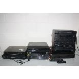 A TECHNICS SL-PG490 CD PLAYER with remote, an Aiwa CX-76, a Panasonic DMP-BDT100 Blu ray player, a