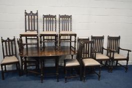 A HARLEQUIN SET OF TEN OAK DINING CHAIRS, including two carvers, along with an oak barley twist gate