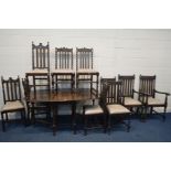 A HARLEQUIN SET OF TEN OAK DINING CHAIRS, including two carvers, along with an oak barley twist gate