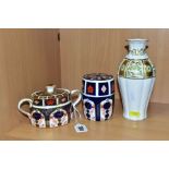 THREE PIECES OF ROYAL CROWN DERBY, comprising an 1128 Imari twin handled oval sucrier and cover,