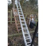 AN ALUMINIUM DOUBLE EXTENSION LADDERS, length 450cm and a wooden step ladder (2)