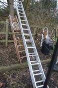 AN ALUMINIUM DOUBLE EXTENSION LADDERS, length 450cm and a wooden step ladder (2)