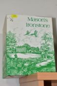SEVEN PIECES OF MASONS MANDALAY PATTERN GIFT WARE AND A MASONS BOX (UNASSOCIATED), comprising a pair