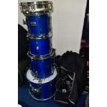 A PEARL BLX FIVE PIECE DRUM KIT, in sheer blue with a set of Pearl padded cases, comprising a 22inch