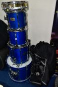 A PEARL BLX FIVE PIECE DRUM KIT, in sheer blue with a set of Pearl padded cases, comprising a 22inch