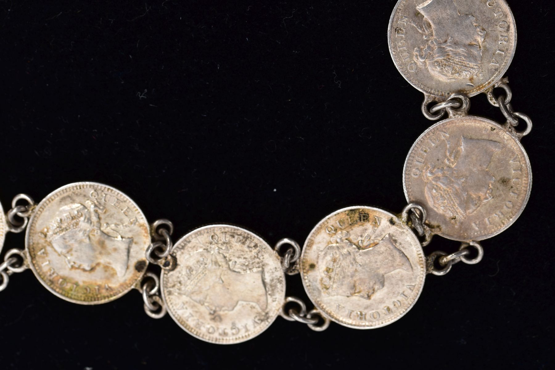 A WHITE METAL COIN NECKLET, made from Queen Victoria Hong Kong five cent coins dating between 1888 - - Image 7 of 8